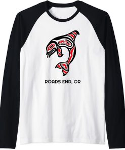 Roads End, Oregon Native American Orca Killer Whales Gift Raglan Baseball Tee