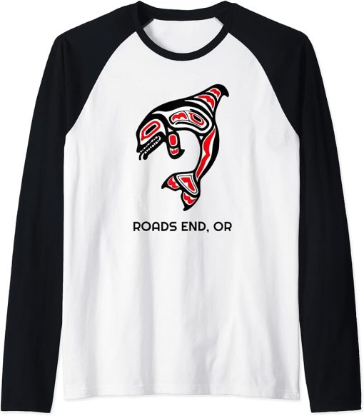 Roads End, Oregon Native American Orca Killer Whales Gift Raglan Baseball Tee