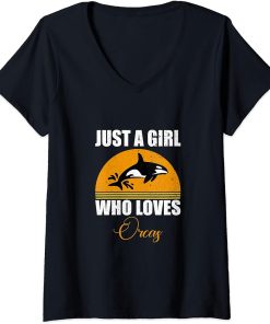 Womens Vintage Retro Design Of Just A Girl Who Loves Orca Graphic V-Neck T-Shirt