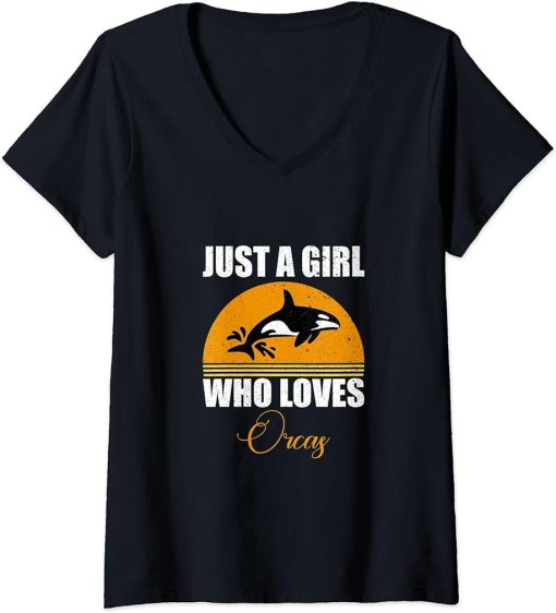 Womens Vintage Retro Design Of Just A Girl Who Loves Orca Graphic V-Neck T-Shirt