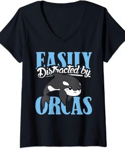 Womens Easily distracted by orcas design orca lover and orca V-Neck T-Shirt