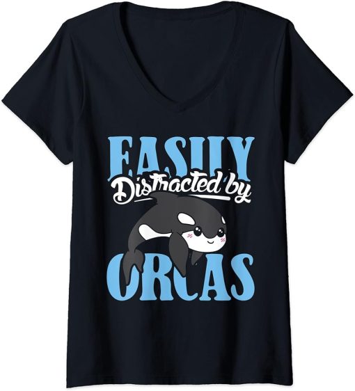 Womens Easily distracted by orcas design orca lover and orca V-Neck T-Shirt