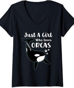 Womens Just A Girl Who Loves Orcas Funny Whales, Orca Lovers V-Neck T-Shirt