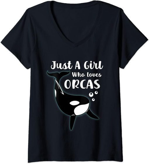 Womens Just A Girl Who Loves Orcas Funny Whales, Orca Lovers V-Neck T-Shirt