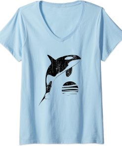 Womens Orca Whale Jumping Sunset Retro Vintage Orca Graphic V-Neck T-Shirt