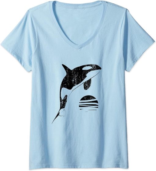 Womens Orca Whale Jumping Sunset Retro Vintage Orca Graphic V-Neck T-Shirt