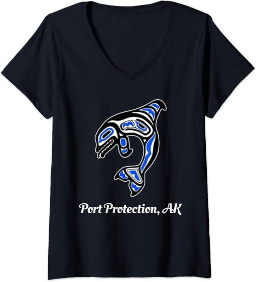 Womens Blue Native American Port Protection AK Orca Killer Whale V-Neck T-Shirt