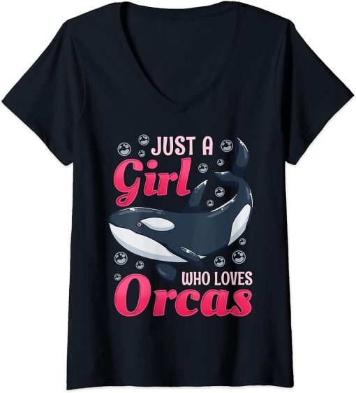 Womens Orca Whale Just a Girl Who Loves Orcas Gift V-Neck T-Shirt